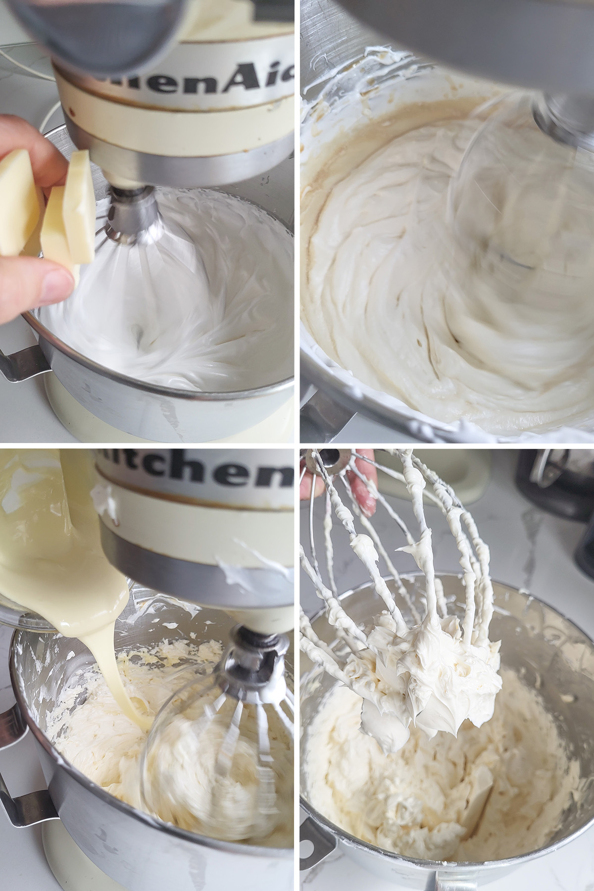 egg whites in a mixing bowl with butter added. White chocolate added to buttercream. A whisk with buttercream.