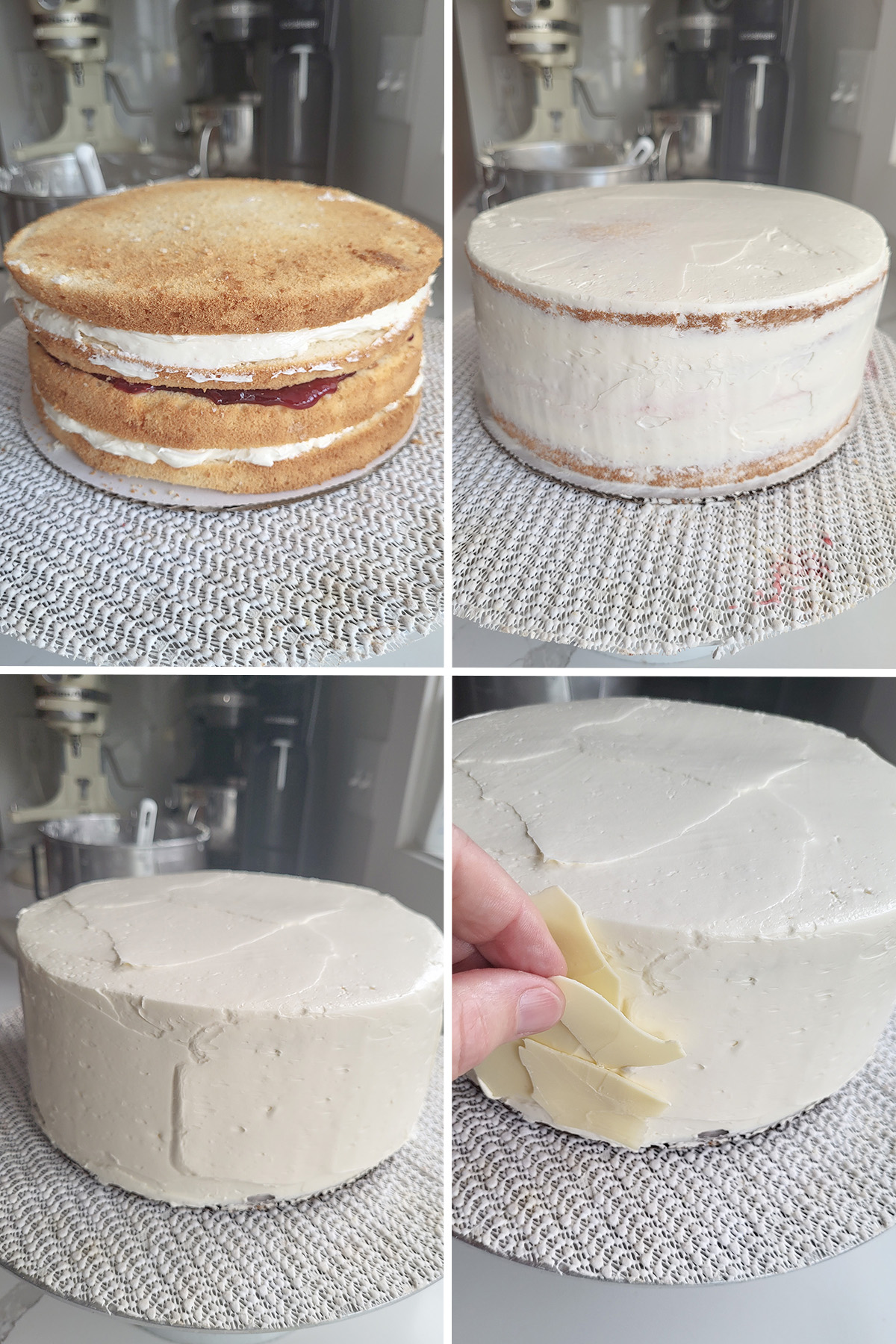 A cake before and after icing. Adding white chocolate flakes to an iced cake.