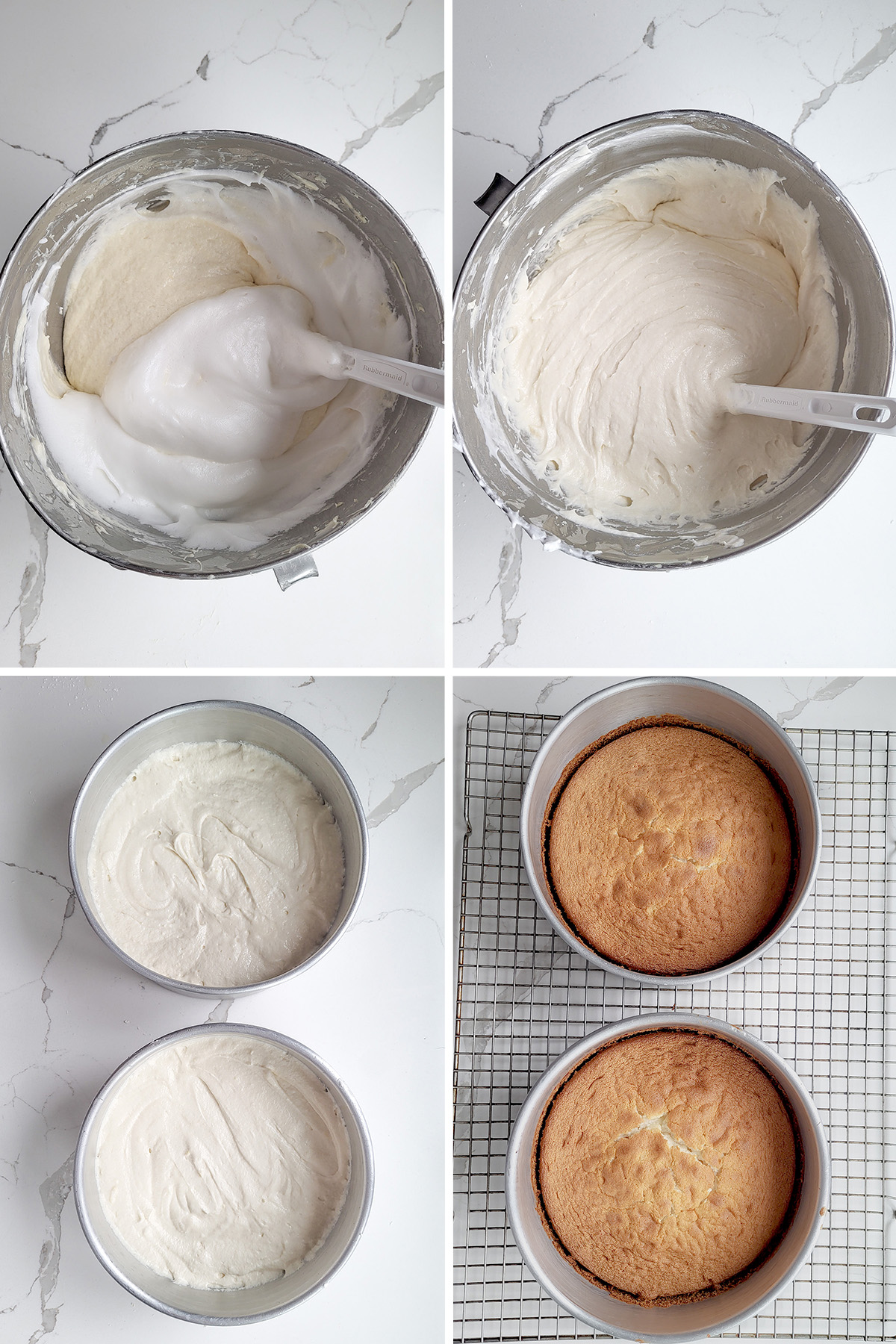 Cake batter and egg whites in a mixing bowl. Cake batter in pans before and after baking. 