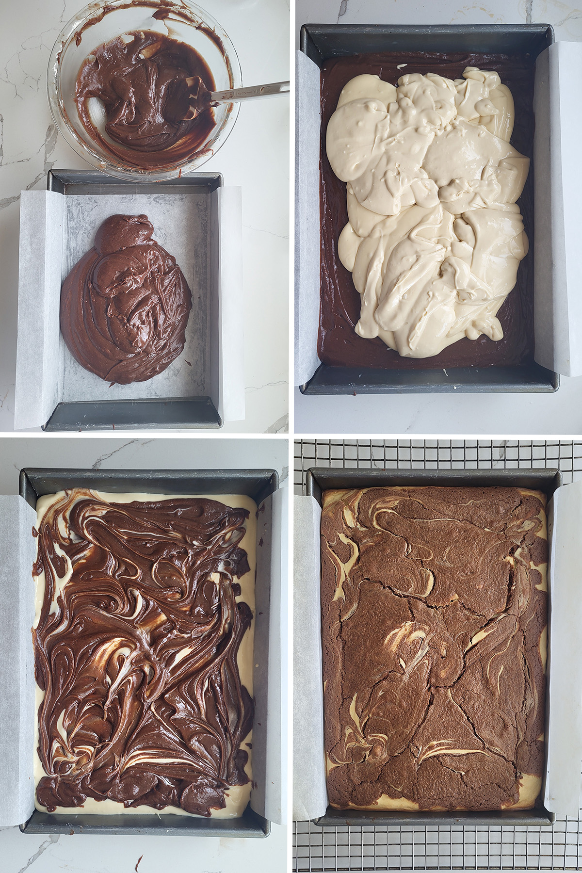 Four photos showing brownie batter and cream cheese batter in a pan. brownies on a cooing rack after baking.