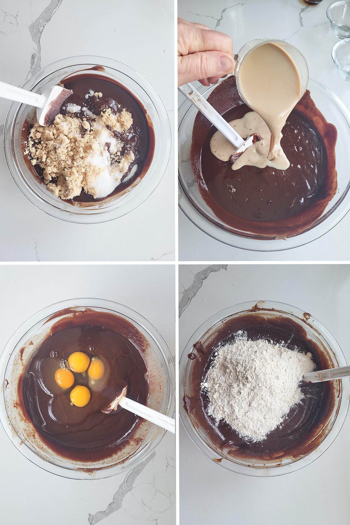 flour photos showing chocolate, sugar, baileys, eggs and flour stirred in a glass bowl.