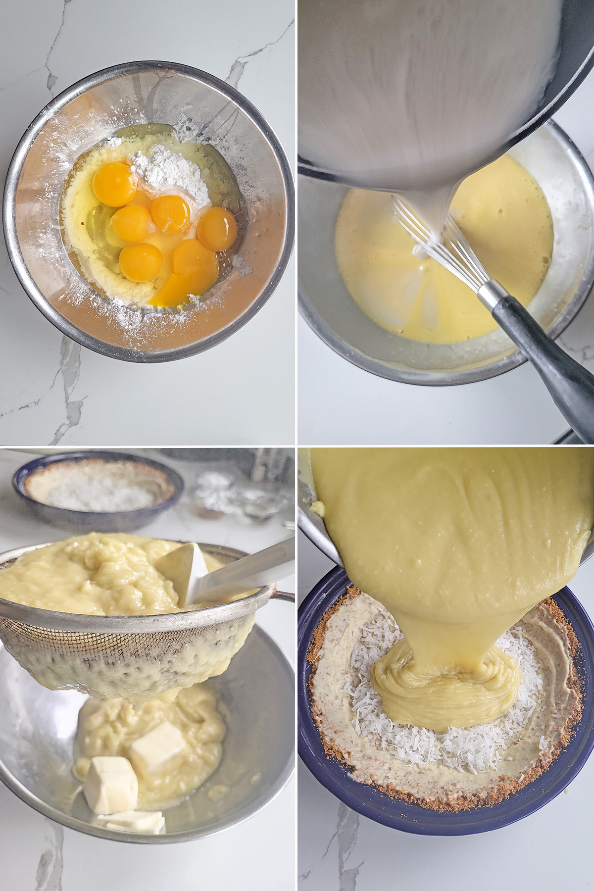 Eggs and cornstarch in a bowl. Hot milk whisked into eggs. Straining pastry cream. Pouring coconut cream into a pie shell.