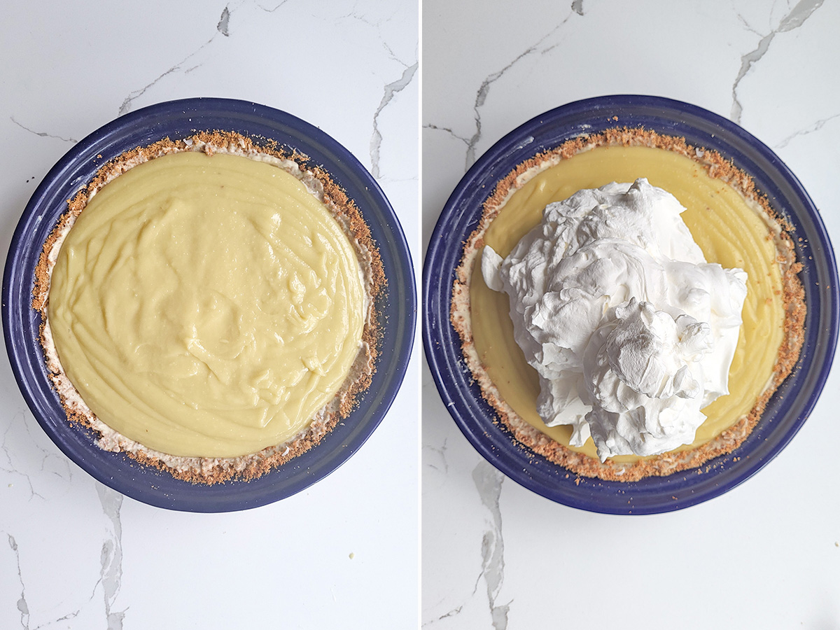 a coconut cream pie before and after adding whipped cream on top.