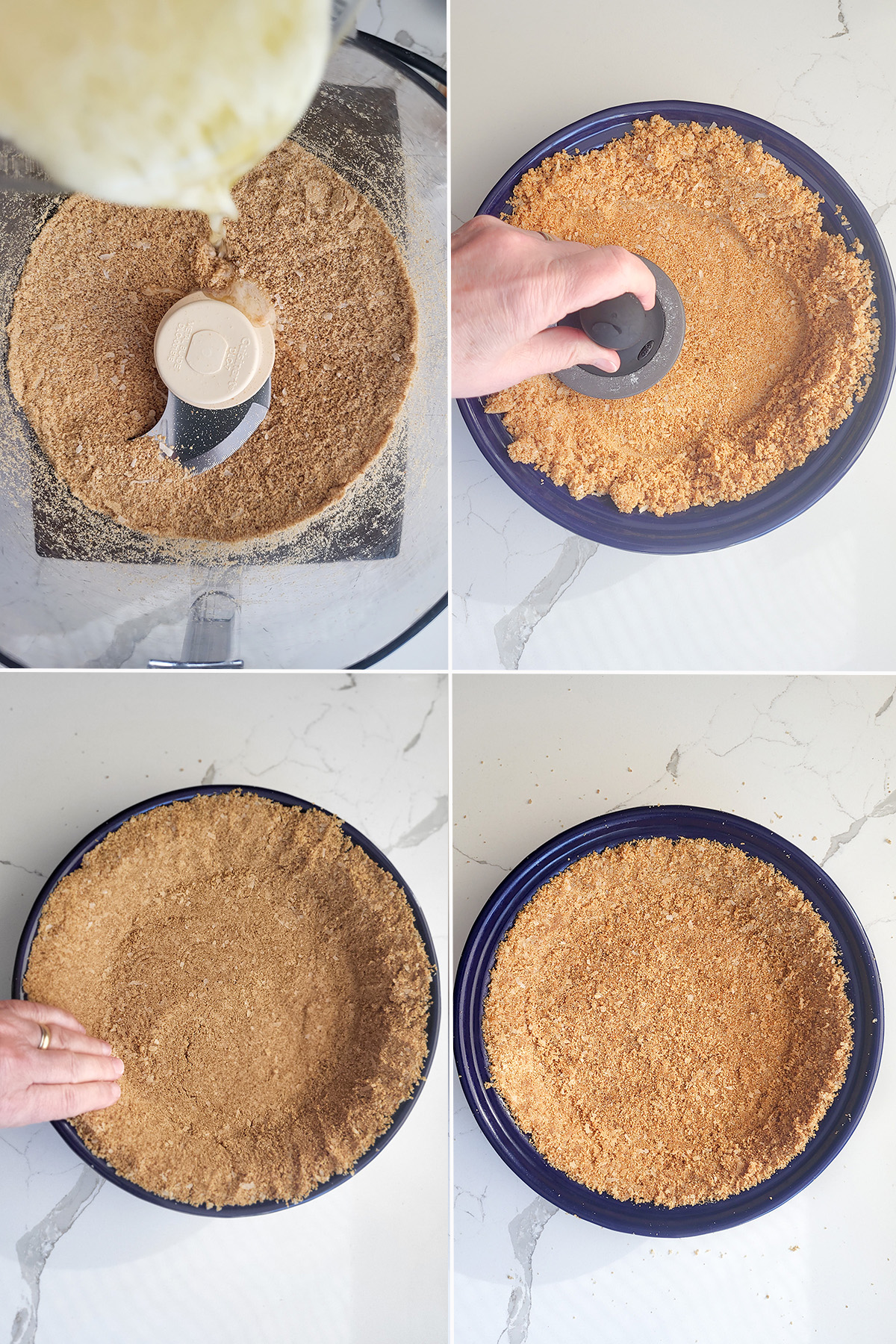 graham cracker crumbs in a food processor. Graham crumbs pressed into a blue pie plate.