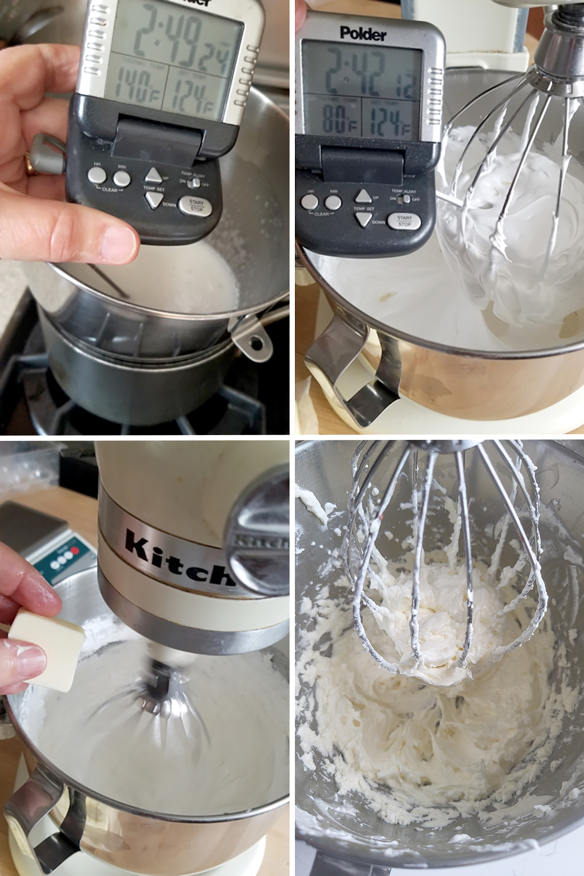 egg whites in a mixing bowl with a thermometer. Whipped egg whites with butter being added. Whipped frosting in a bowl with whisk.